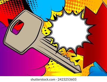 Cartoon Key with blank speech bubble, comic book safety background. Retro vector comics pop art design.