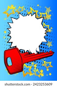 Cartoon Key with blank speech bubble, comic book safety background. Retro vector comics pop art design.