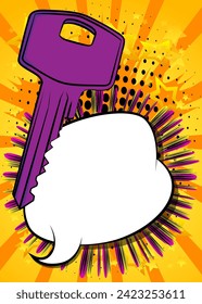 Cartoon Key with blank speech bubble, comic book safety background. Retro vector comics pop art design.