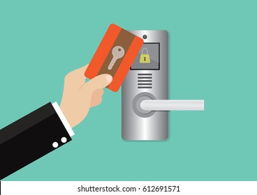 Cartoon, Key card in hand man to unlock door knob., vector eps10