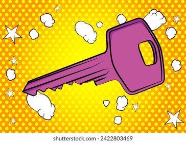 Cartoon Key, comic book home accessory. Retro vector comics pop art design.