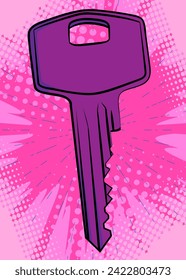 Cartoon Key, comic book home accessory. Retro vector comics pop art design.