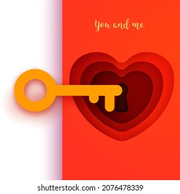 Cartoon key with heart in modern geometric paper cut style. Minimalistic colorful design composition. Template background for banner, invitation, greeting card, cover, poster. Vector illustration.