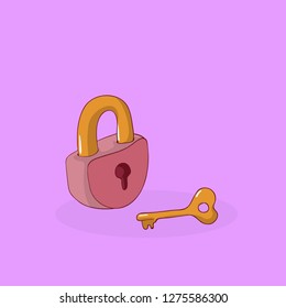 Cartoon key with padlock icon in comic style. Access login vector cartoon illustration pictogram. Lock keyhole business concept