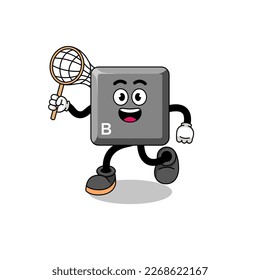 Cartoon of keyboard B key catching a butterfly , character design