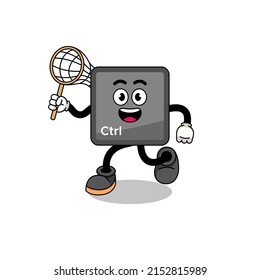 Cartoon of keyboard control button catching a butterfly , character design