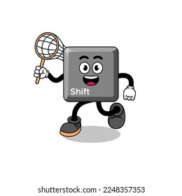 Cartoon of keyboard shift key catching a butterfly , character design