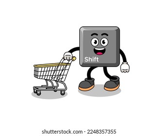 Cartoon of keyboard shift key holding a shopping trolley , character design