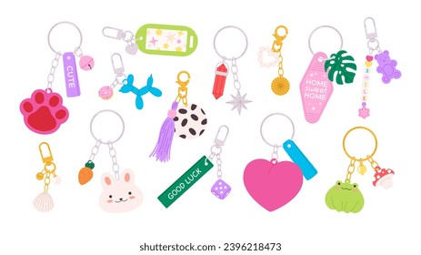 Cartoon keychains and keyrings. Decorative key holder with kawaii animals and symbols. Childish cute pendants and chains, racy vector set