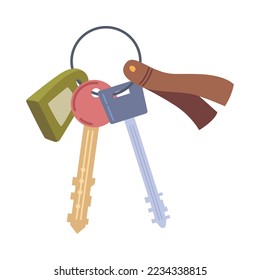 Cartoon keyrings, apartment keys with keychain, key chain pendant. Vector illustration of home keychain and keyholder, keyring loss protection, real estate house pocket. Keyring and key for apartment