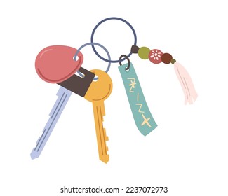 Cartoon keyrings, bundle of door keys on bunch, vector illustration. Apartment keys with keychain, key chain pendant. Home keychain of keyholder, keyring loss protection, real estate house pocket