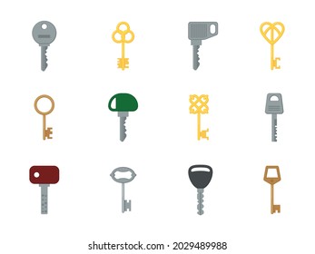 Cartoon keys. Colored flat different shapes keys, ancient and modern designs, home security tools, gold, silver and bronze colors. Design and decor elements. Vector isolated set