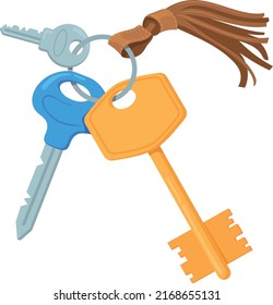 Cartoon keys on keychain icon. Apartment owner symbol isolated on white background