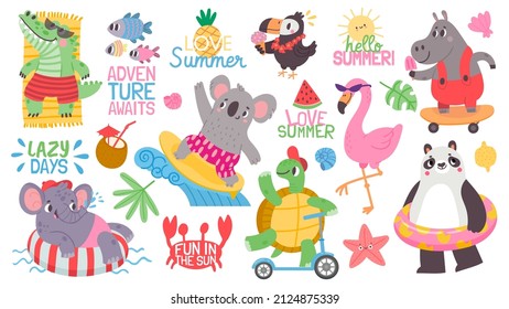 Cartoon kid animal summer vacation activity at beach. Koala surfer, flamingo and elephant swim on inflatable ring. Tropical party vector set. Turtle riding scooter, crocodile sunbathing
