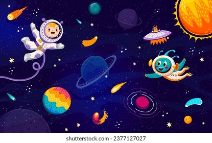 Cartoon kid astronaut and alien in outer space. Starry galaxy landscape vector background with space planets, UFO spaceship, comets, nebulae and stars, funny spaceman and martian characters