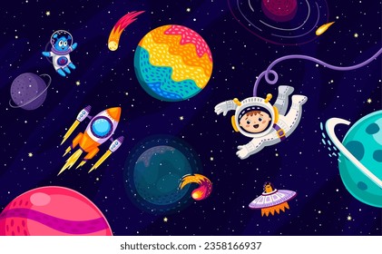 Cartoon kid astronaut, alien, ufo and rocket spaceship at starry galaxy landscape. Vector baby boy spaceman travel in outer space. Funny cosmonaut float in weightlessness in fantasy celestial world