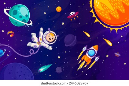 Cartoon kid astronaut character in outer space, galaxy planets and flying starship. Little boy cosmonaut exploring the vast expanse of the universe floats among planets and encounters majestic shuttle