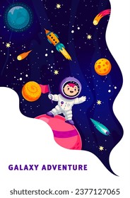 Astronauta de dibujos animados en el planeta espacial. Astronomía y educación vectores de afiche vertical o folleto con un niño astronauta de carácter divertido en la superficie del planeta, cohetes y planeta en el espacio ultraterrestre