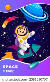 Astronauta de dibujos animados sobre un cohete espacial que vuela a planetas galaxiales en cielo estrellado, afiche vectorial. Antecedentes de aventuras en el espacio ultraterrestre con un hombre espacial con niños en nave espacial en estrellas galácticas con asteroides y cometas