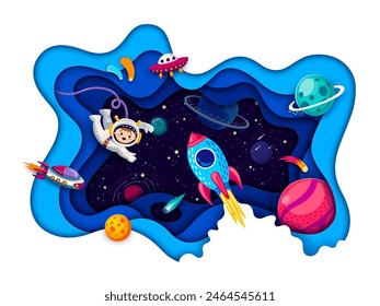 Niño astronauta de dibujos animados en el espacio exterior de papel cortar el paisaje. Fondo de Vector de galaxia espacial con OVNI alienígena, cohete y nave espacial, planetas, estrellas y personaje de astronauta divertido en 3d marco de corte de papel en capas