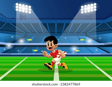 Cartoon Kid Athlete Playing Rugby in Stadium Night Scene