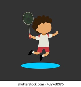 cartoon kid badminton player jumping before smashing the shuttlecock. sports vector illustration