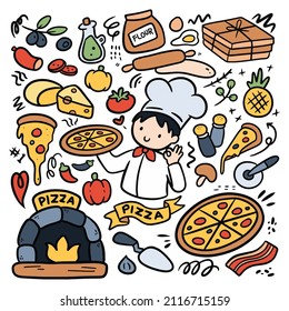 Cartoon Kid Baking Pizza with Ingredients in Kawaii Hand Drawn Doodle Vector Clip art 