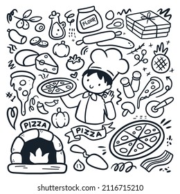 Cartoon Kid Baking Pizza with Ingredients in Kawaii Hand Drawn Doodle Vector Clip art 