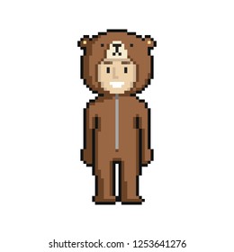 Сute cartoon kid in bear costume. Pixel art on white background. Vector illustration.