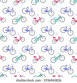 Cartoon kid bike seamless pattern for lifestyle design. Teenage bicycle - pink, blue, green.