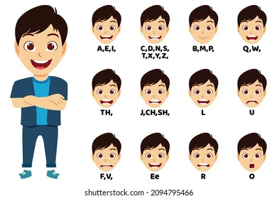 Cartoon kid boy character talking mouth and lips expressions vector animations poses pronunciation speak, tongue and articulate and wearing beautiful outfit