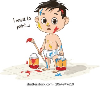 Cartoon kid boy - a cute and innocent child is covered in paint and says he wants to paint       