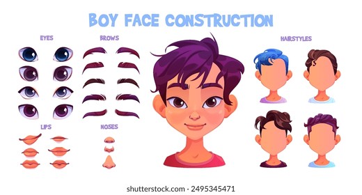 Cartoon kid boy face construction kit. Boy face diy constructor elements -different eyes and noses, lips and eyebrows, haircuts and color of hair. Vector child character portrait creation generator.