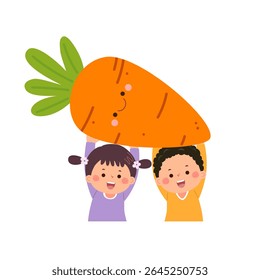 Garoto e menina de desenhos animados carregando cenoura gigante bonito. Comida saudável para crianças