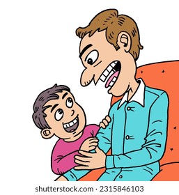 Cartoon kid boy and his father have happy talks.
