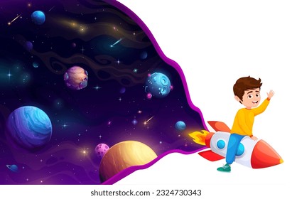 Cartoon kid boy on space rocket, happy child astronaut on galaxy landscape. Adventurous vector infant soaring through galaxy on rocketship, exploring wonders of Universe with excitement and curiosity