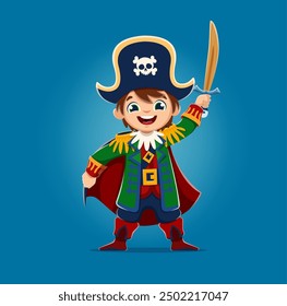 Cartoon kid boy pirate captain character with saber in tricorne hat, vector sailor personage. Happy funny boy in pirate or corsair costume with Jolly roger skull and crossbones on hat with saber