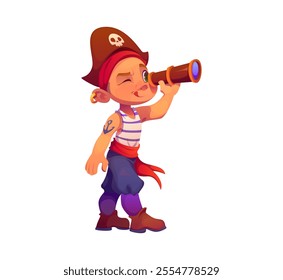 Cartoon kid boy pirate corsair with spyglass. Vector adventurous sailor child using a glass, dressed in a striped shirt, bandana and cocked hat with a skull party costume during game or masquerade