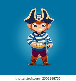 Dibujos animados niño niño pirata marinero con brújula en capitán tricorne sombrero, personaje de Vector. Niño divertido en traje de pirata o corsario y contramaestre con brújula y calavera de Jolly roger en sombrero