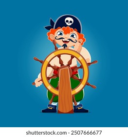 Patrón pirata de niño de dibujos animados con volante conduciendo alegremente un barco con una sonrisa alegre. Niño de Vector en traje de marinero, bandana con un emblema de cráneo, bigotes juguetones y expresión emocionada