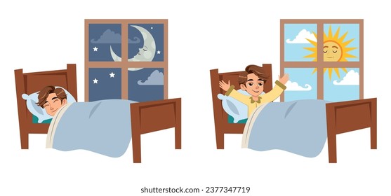 Cartoon kid boy sleep at night, wake up at morning. Child in bed and window with moon or sun. Sweet dream and healthy sleep vector. Illustration of sleep rest and wake up in comfortable pajamas