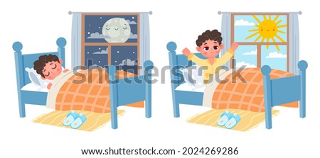 Cartoon kid boy sleep at night, wake up at morning. Child in bed and window with moon or sun. Sweet dream and healthy sleep vector. Illustration of sleep rest and wake up in comfortable pajamas