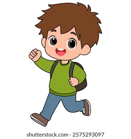 Cartoon Kid Boy Walking Happy Vector Illustration