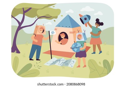 Cartoon kid boys and girls playing in astronauts with rocket and helmets out of cardboard boxes. Creative children making spaceship and playing game flat vector illustration. Childhood fantasy concept