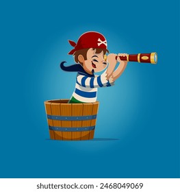 Cartoon kid cabin boy pirate with spyglass. Vector adventurous young corsair, sailor child using a glass while standing in a wooden barrel, dressed in a striped shirt and bandana with crossbones