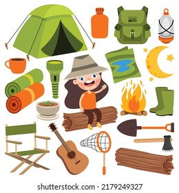 Cartoon Kid With Camping Elements