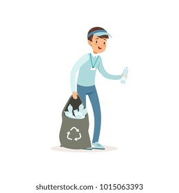 Cartoon kid character collecting empty plastic bottles into black bag. Volunteering concept. Smiling boy in blue jeans, t-shirt and cap. Social activity. Flat vector