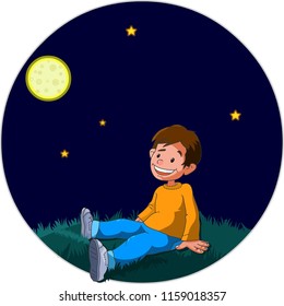 

Cartoon kid character in the moonlight. Happy boy sitting on grass at night. Watching the sky, moon and the stars. Oval, round, circular design. 2D vector illustration