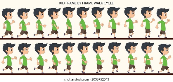 Cartoon Kid Character side walk cycle frame by frame loopable vector file ready for 2D animation, easy to edit source file for motion graphics, infographics, animated video, explanatory, E-learning