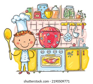 Cartoon Kid As Chief Cooking In The Kitchen